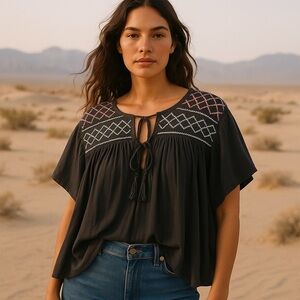 Free People Womens Medium Grey Embroidered Oversized Flare Rustic Crop Shirt Top